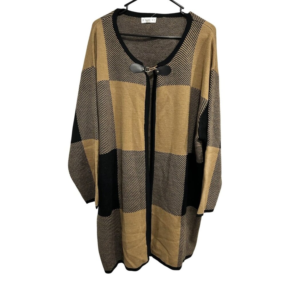 Birch NY NWT Tan Black Plaid Acrylic Cardigan Sweater Front Clasp Closure Sz 3X